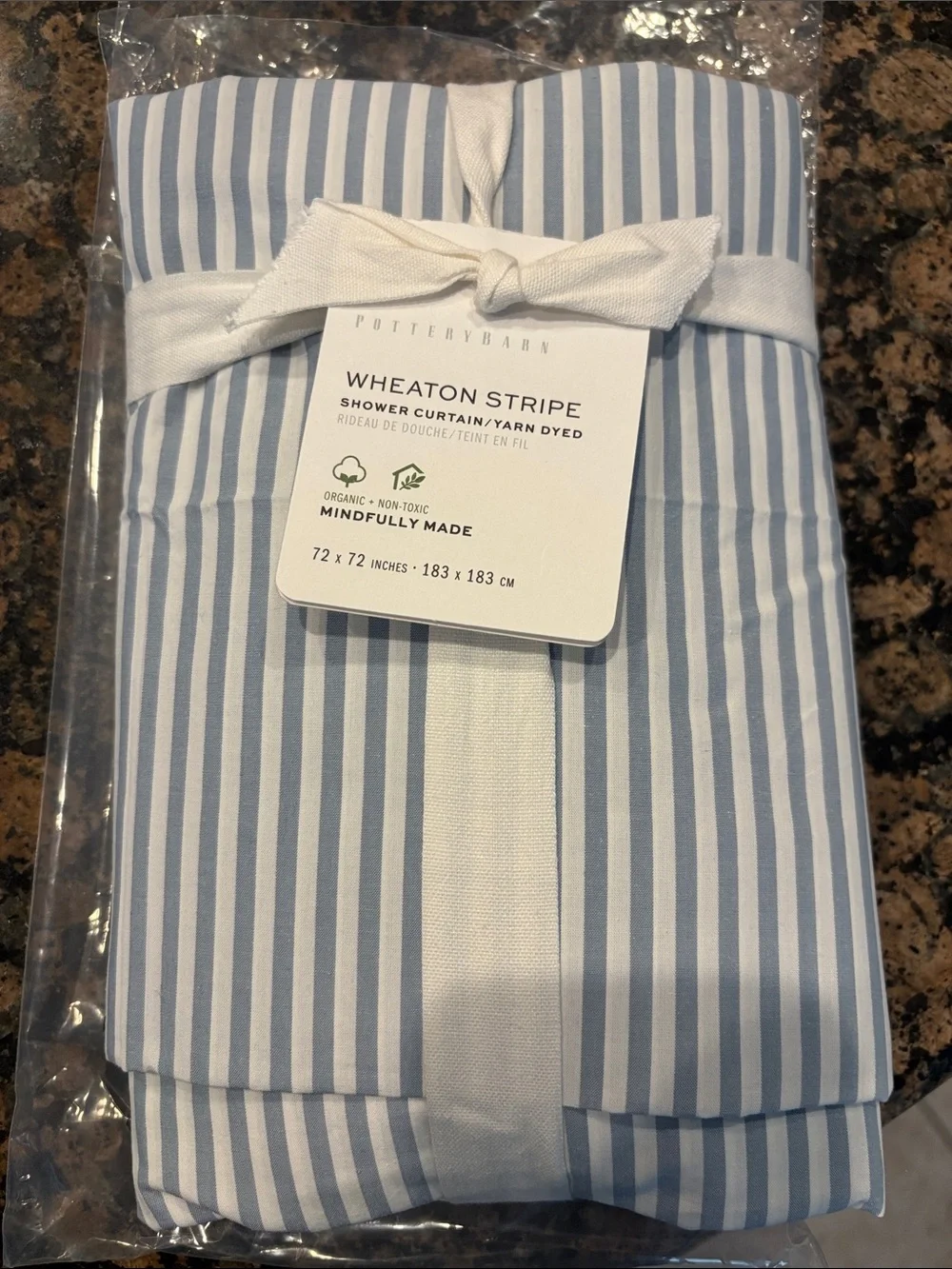 NWT Pottery Barn Wheaton Stripe Shower Curtain - Light Blue and White